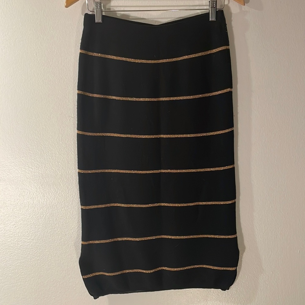 Le Mont S’Michel Black and Gold Metallic Knit Striped Pencil Skirt